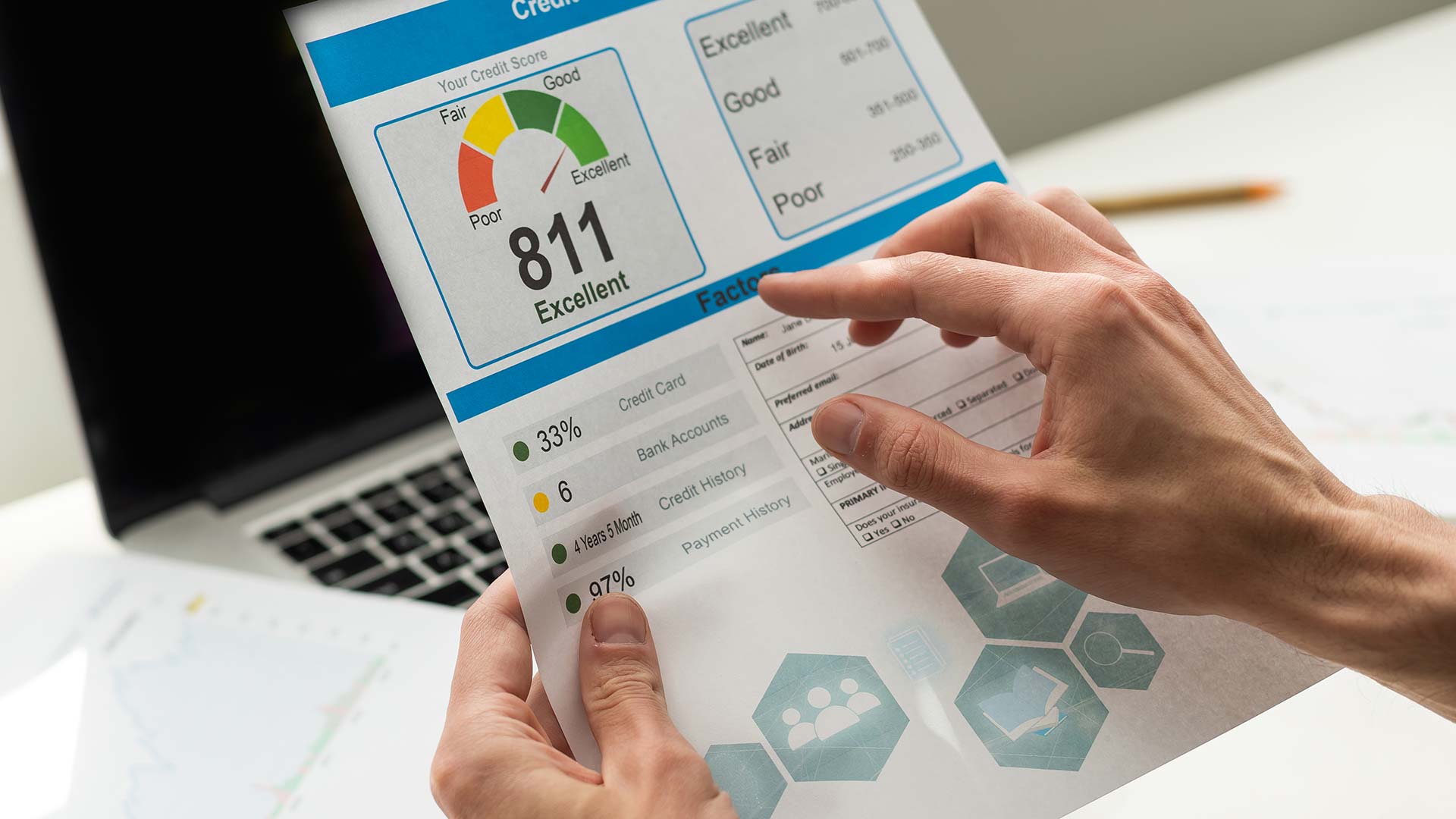 Man holding a credit report showing an excellent score of 811, highlighting important factors like credit card usage, bank accounts, and payment history, relevant for understanding mortgage qualification.